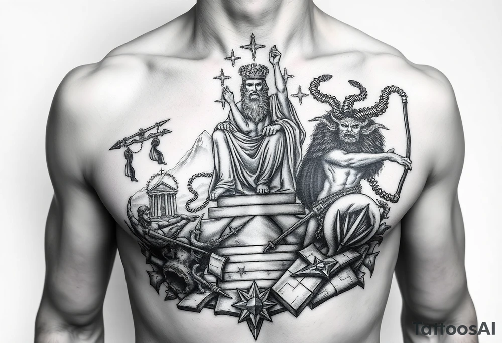 Realism Full chest peice including the Greek gods with zues on his throne looking down from the mountain casting judgement on the people add lighting and Mount Olympus and a temple and a battle scene make zues muscular add hades Medusa and minator tattoo idea