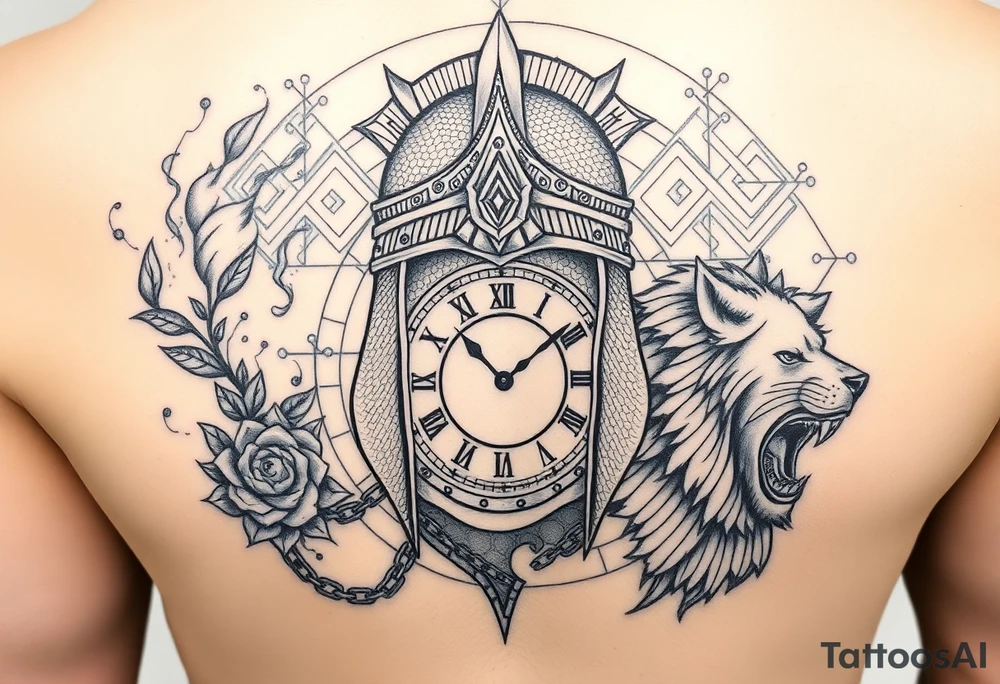 A detailed tattoo featuring a stylized warrior helmet with intricate textures and patterns. Behind it lies a shattered clock face with exposed gears and intertwined chains, symbolizing struggle with time and anxiety. Surrounding the helmet and clock are swirling smoke and wind patterns filled with fine details like leaves, feathers, and tribal motifs, representing resilience and growth. On one side, a blooming thorned rose or lotus flower symbolizes delicate strength and love. On the other side, a fierce roaring lion or wolf head embodies courage and protection. The background includes geometric shapes and dotwork to add depth and unify the design. The style combines bold linework with fine detail, dotwork, and shading for a powerful modern tattoo. tattoo idea