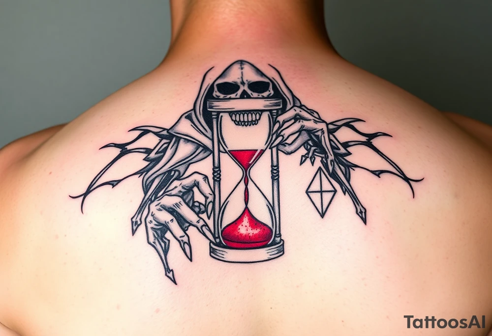 Simple grim reaper holding a hourglass with red sand and diamond like geometric shapes tattoo idea
