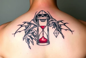 Simple grim reaper holding a hourglass with red sand and diamond like geometric shapes tattoo idea
