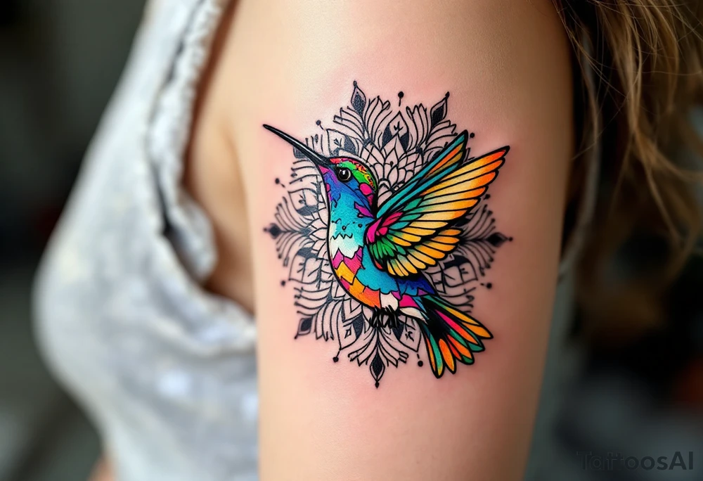 Colorful hummingbird centered in front of a mandala design tattoo idea