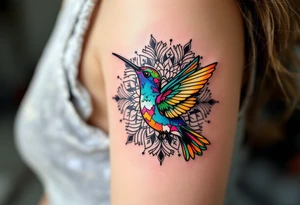 Colorful hummingbird centered in front of a mandala design tattoo idea