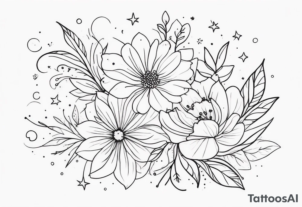 fine line floral with stars, swirls, dots tattoo idea