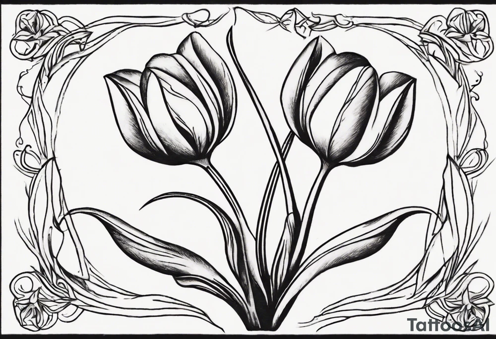 Generate a compelling tattoo design featuring three tulips with intertwining stems. Emphasize the graceful entwining of the stems, creating a harmonious and visually captivating composition. Each tulip should showcase distinct characteristics, from the delicate curves of the petals to the intricate details of the stamen. Consider incorporating elements that symbolize unity, growth, and interconnectedness. Capture the essence of nature's beauty while ensuring the overall design is balanced and aesthetically pleasing. tattoo idea