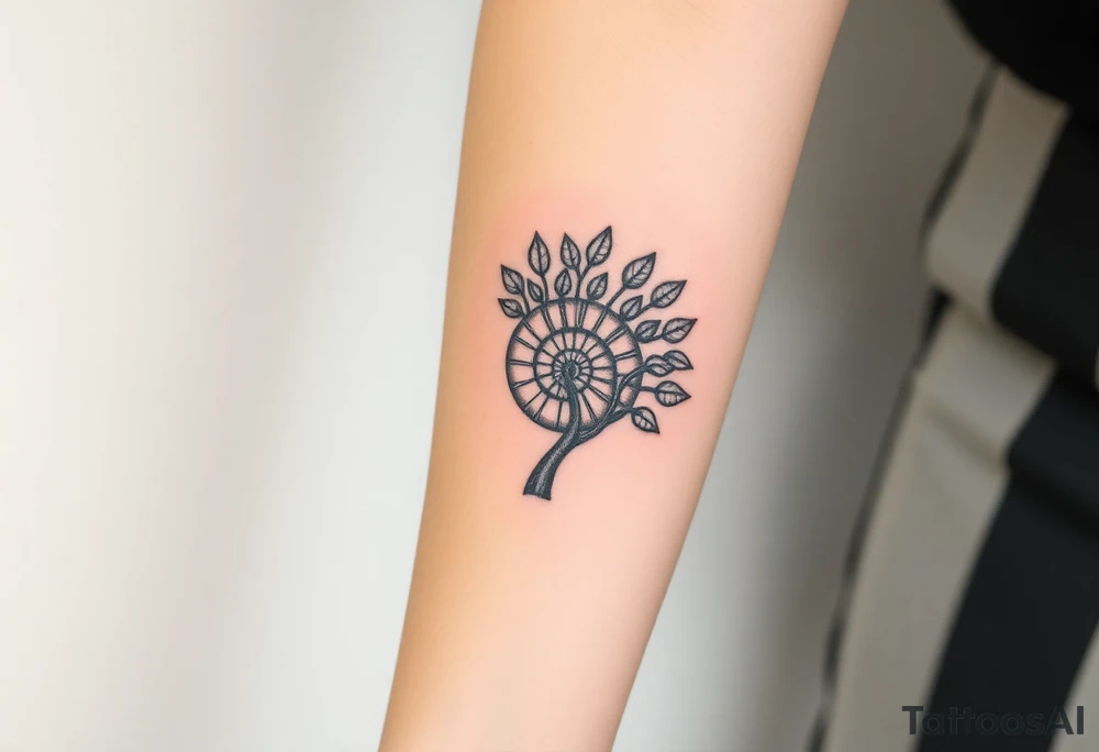 Fibonacci spiral shell inside of tree full of lots of leaves tattoo idea