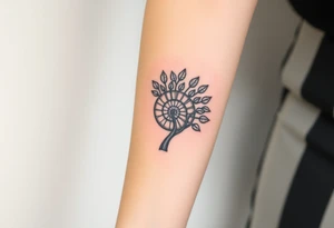 Fibonacci spiral shell inside of tree full of lots of leaves tattoo idea