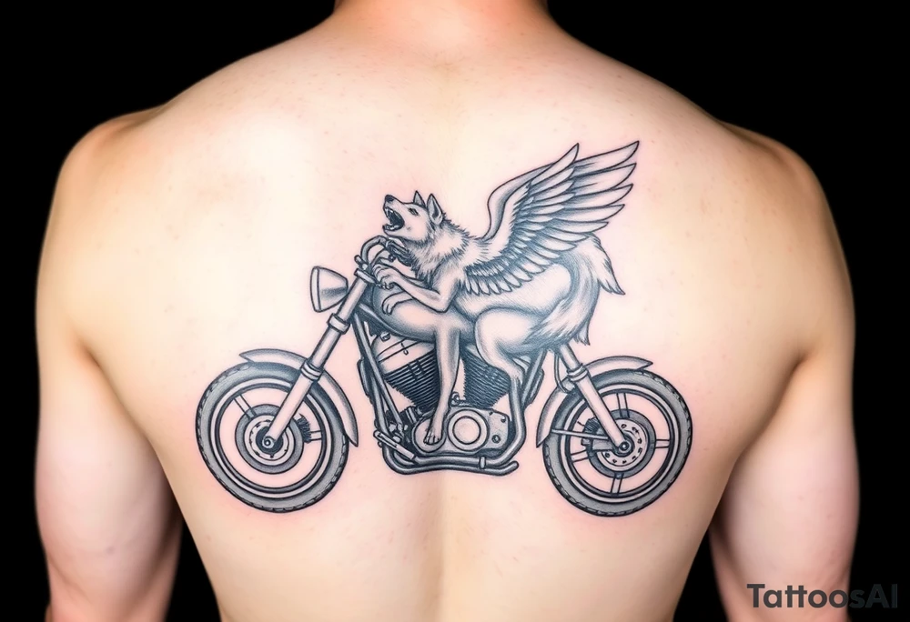 a motorcycle on it with guardian angel wolves on the bike tattoo idea