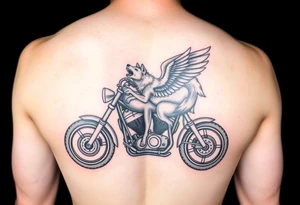 a motorcycle on it with guardian angel wolves on the bike tattoo idea