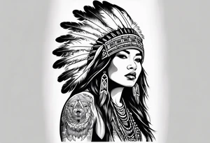 Native style bear pelt with woman and traditional headdress tattoo idea