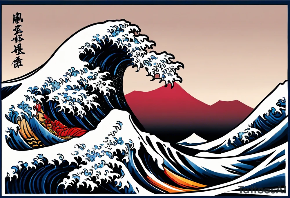 Hokusai great wave, inside two black lines, with some cherry trees. Tattoo for a man' s wrist tattoo idea