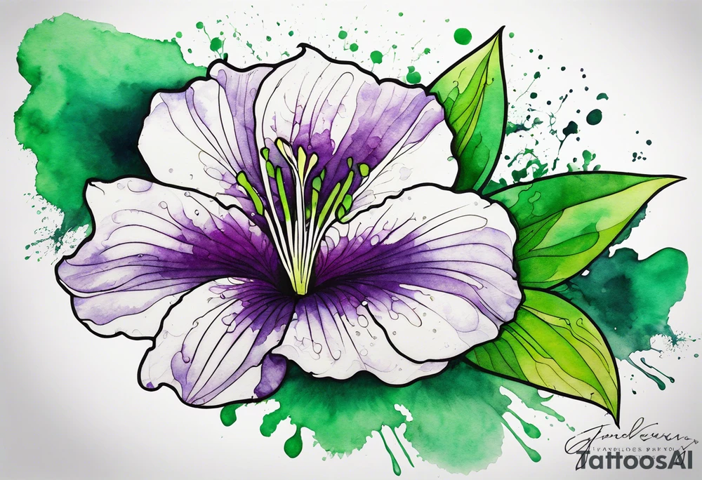 An outline of a green rio dipladenia flower and a green/purple watercolor splash in the background tattoo idea