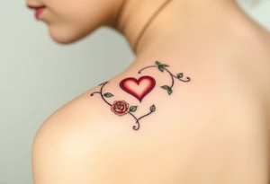 A vine-like infinity symbol with delicate roses and a heart at its center, symbolizing love that continuously grows, in soft red and green hues tattoo idea