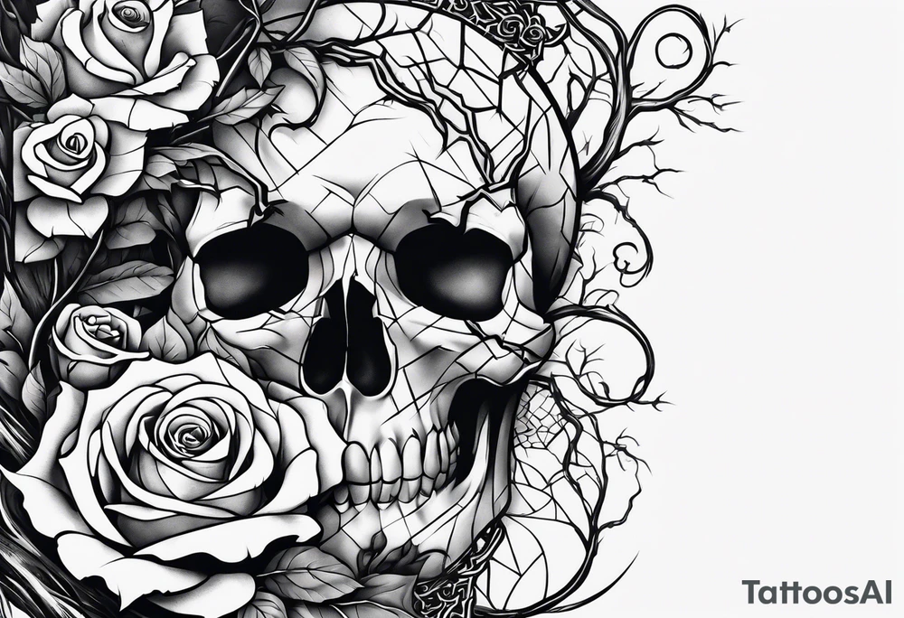 tattoo fool sleeve, old broken gothic home, broken sword, tree roots break out of the chains, roses tattoo idea