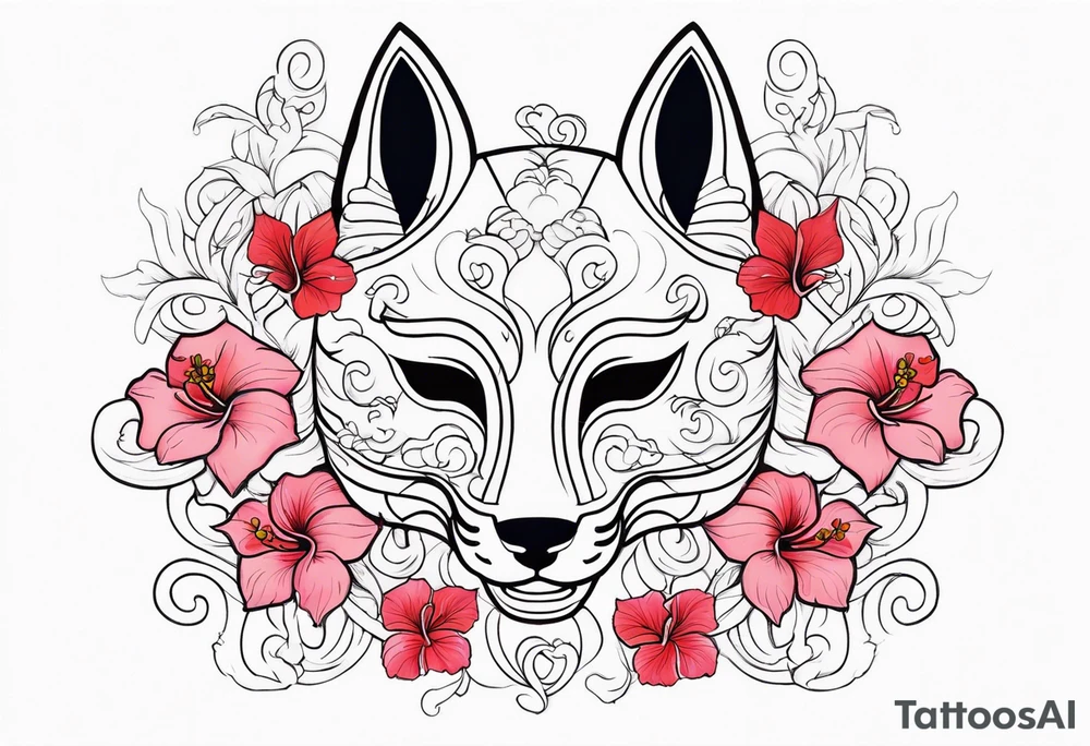 White japanese mask that looks like a kitsune with red accents and pink hibiscus flowers and vines surrounding it tattoo idea