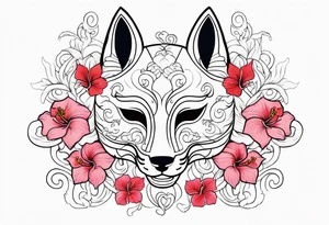 White japanese mask that looks like a kitsune with red accents and pink hibiscus flowers and vines surrounding it tattoo idea