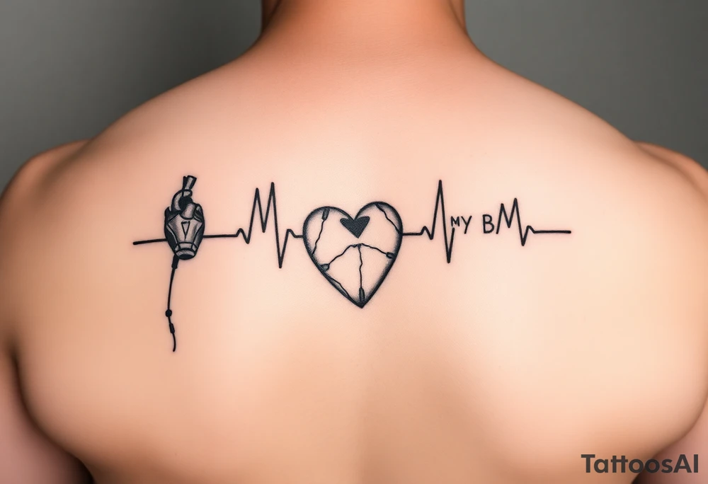 Heartbeat line with a ironman dangling from leftside with the words: My BB My Ironman going through the middle forming a cross with the heartbeat tattoo idea