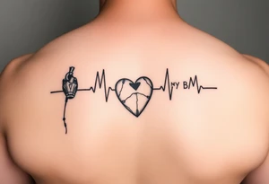 Heartbeat line with a ironman dangling from leftside with the words: My BB My Ironman going through the middle forming a cross with the heartbeat tattoo idea