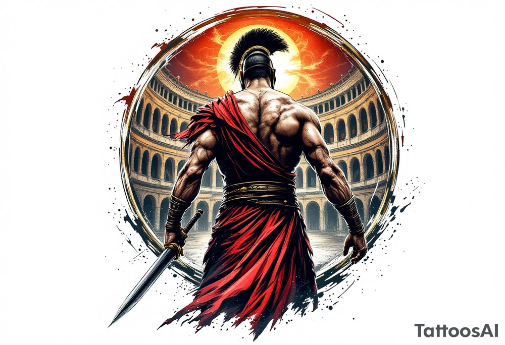 Roman Gladiator From Behind Holding A Broadsword Entering The Colliseum Roman Gladiator From Behind Holding A Broadsword Entering The Colliseum