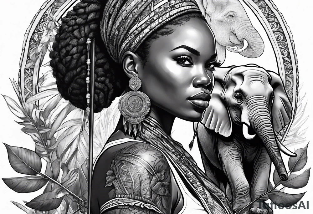 African woman warrior holding spear with deadlocks and earrings. With leafs and brids and Elephant in the background tattoo idea