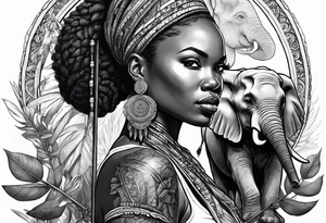 African woman warrior holding spear with deadlocks and earrings. With leafs and brids and Elephant in the background tattoo idea