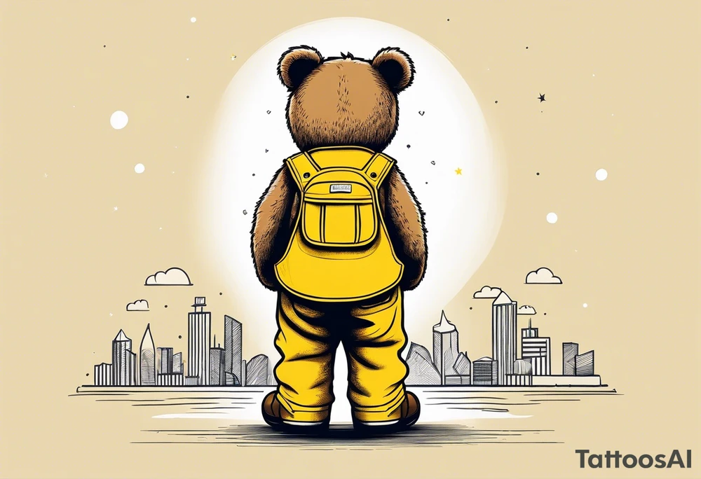 image of the back of a light brown teddy bear standing in yellow overalls, striped tank top and wearing boots and holding the hand of a little girl tattoo idea