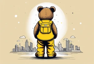 image of the back of a light brown teddy bear standing in yellow overalls, striped tank top and wearing boots and holding the hand of a little girl tattoo idea