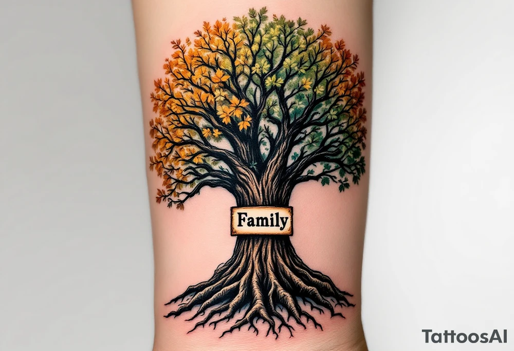 A large, detailed tree with branches and roots symbolizing family connections with the word "Family" engraved in tree trunk in deep brown, while the leaves are a mix of green, amber, and gold to represent growth and seasons. tattoo idea