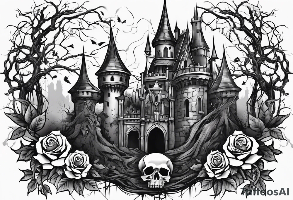 tattoo fool sleeve, destroyed dark gothic castle, tree roots break out of the chains, broken mask, roses tattoo idea