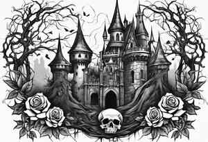 tattoo fool sleeve, destroyed dark gothic castle, tree roots break out of the chains, broken mask, roses tattoo idea