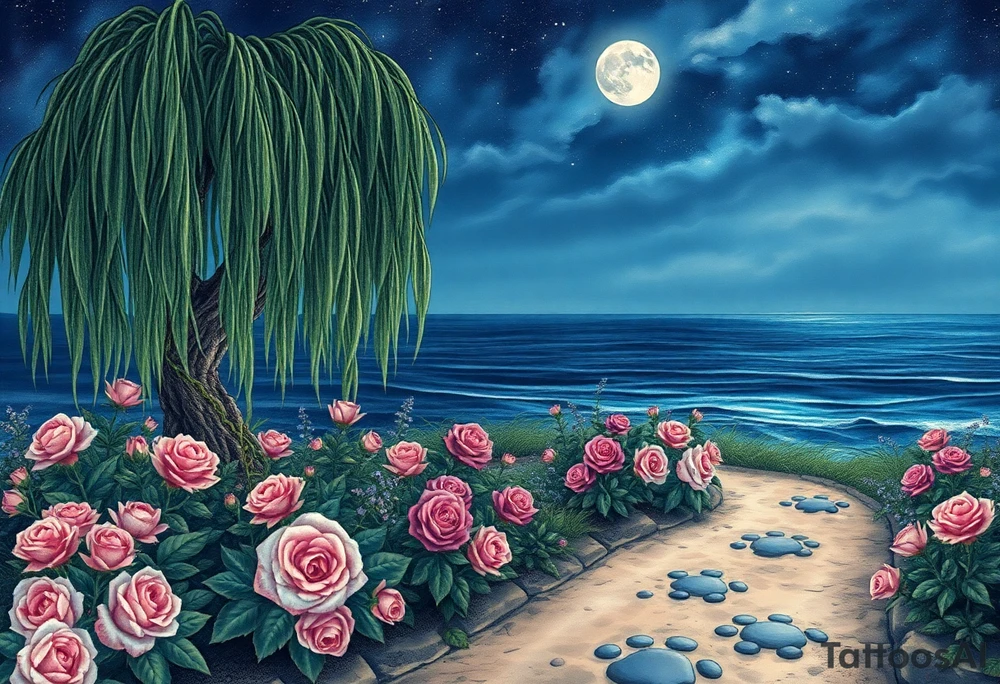 Night time. Ocean.  weeping willow garden with roses and liles flower beds. fantasy creatures, fairies, mermiads, dragons butterflies,  cat paw prints path in dirt. tattoo idea