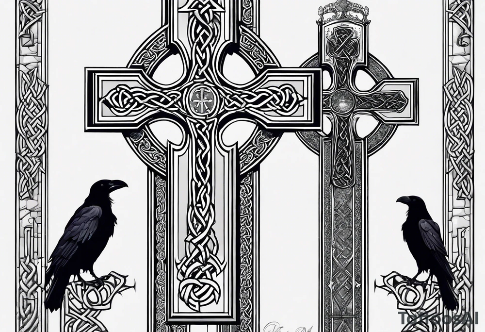 A stone Celtic cross with a raven perched on the arm of the cross tattoo idea