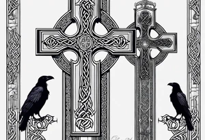 A stone Celtic cross with a raven perched on the arm of the cross tattoo idea