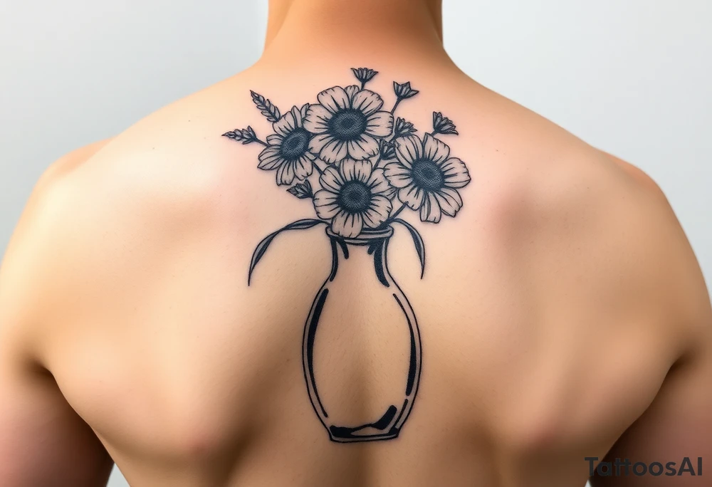 Tattoo on back with vase in the vase are flowers tattoo idea