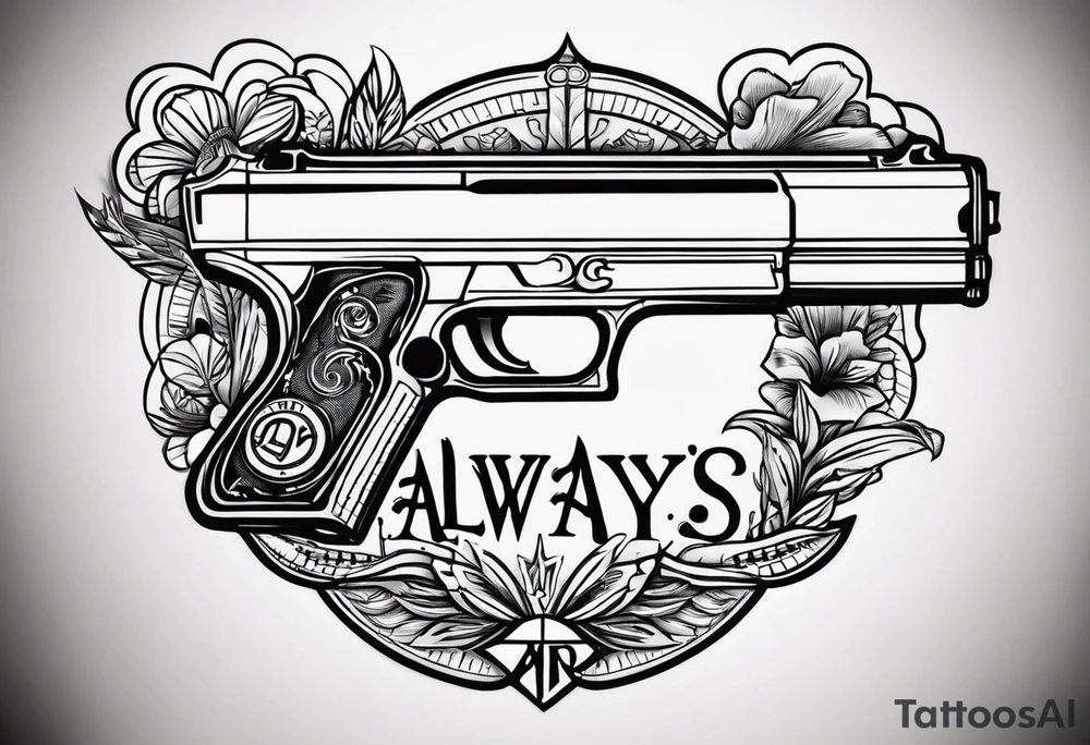 The letters AR with a pistol on each side and the word always on the top and the word ready on the bottom tattoo idea