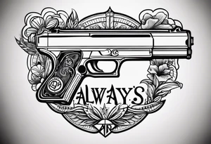 The letters AR with a pistol on each side and the word always on the top and the word ready on the bottom tattoo idea