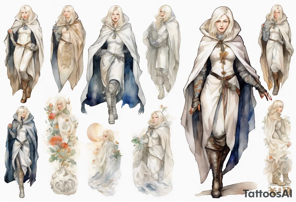 platinum blonde woman in her 40s wearing white medieval cloak and boots tattoo idea