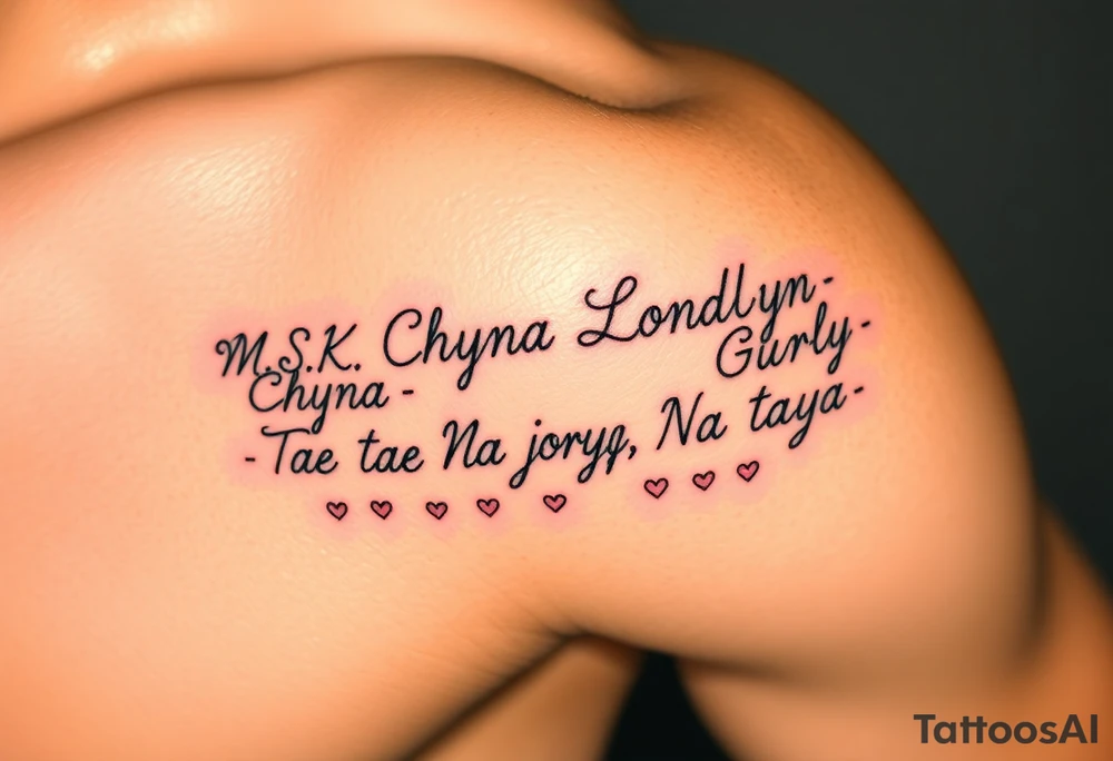 Cursive words that say, 

M.S.K

Chyna

Londyn

Gurly 

Tae tae 

Na jorya 

Na taya
 surrounded by little hearts & stars tattoo idea