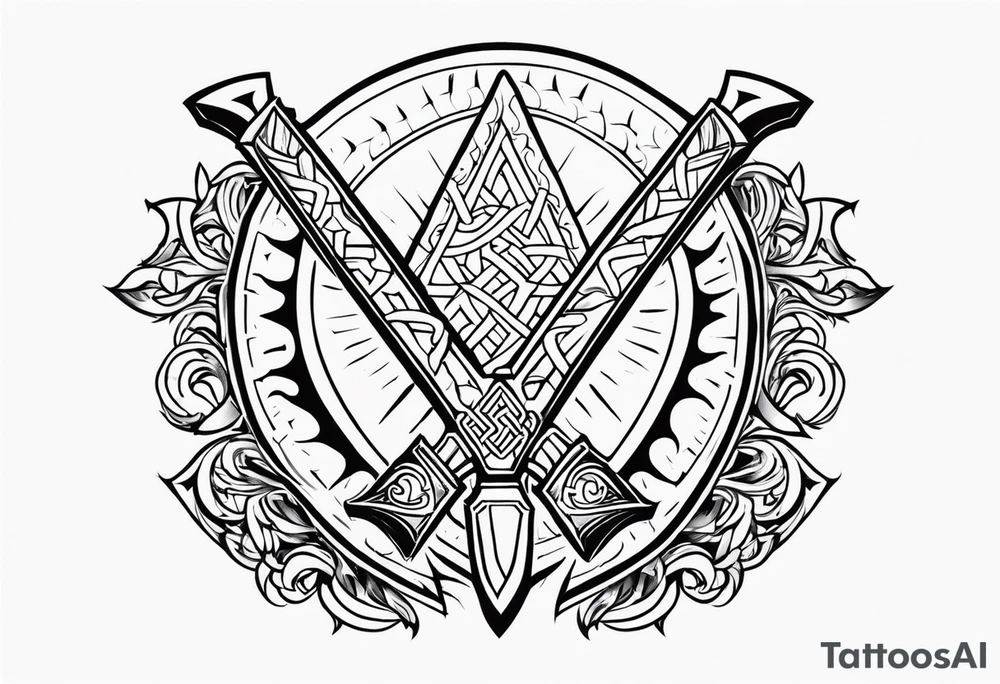Valhalla sword shield axe Valknut fire tattoo idea