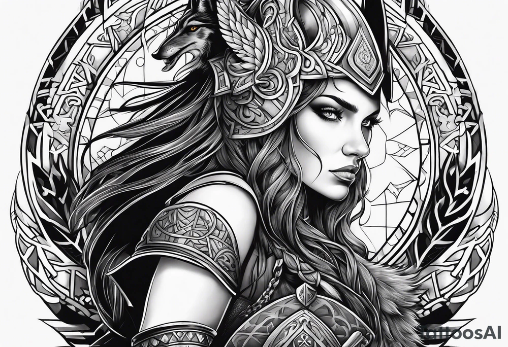 viking woman warrior wolf crow axe tattoo idea