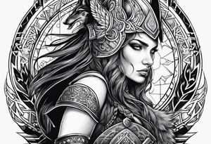 viking woman warrior wolf crow axe tattoo idea