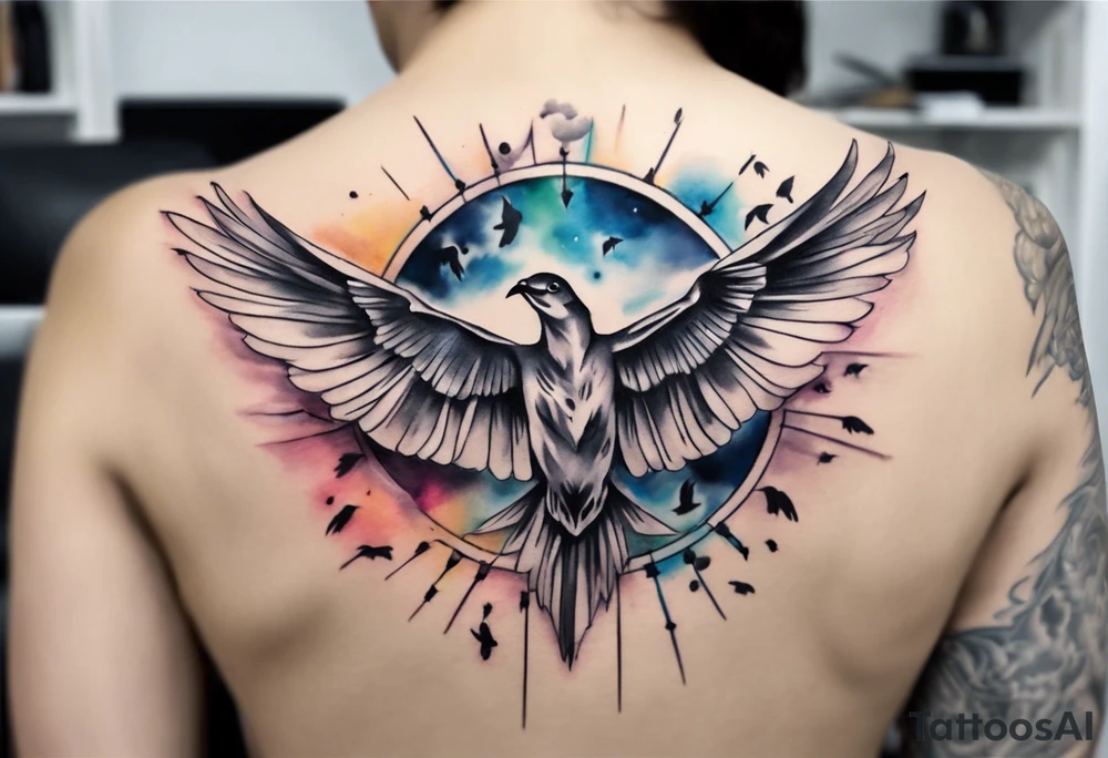 a shoulder tattoo with lots of rays of light in gradient starting from the middle
, clouds and birds flying free tattoo idea