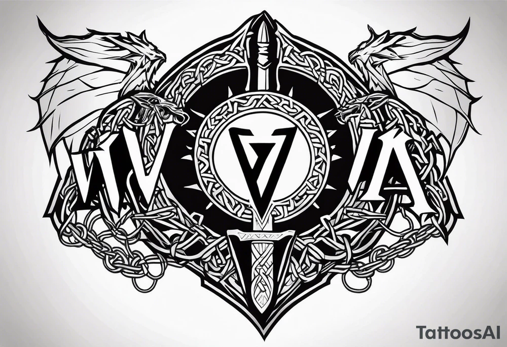 Valhalla sword shield dragon axe Valknut barbed wire chains tattoo idea Valhalla sword shield dragon axe Valknut barbed wire chains tattoo idea