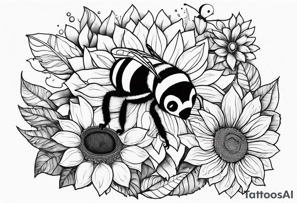 A lemur, a sunflower, and a bumble bee tattoo idea