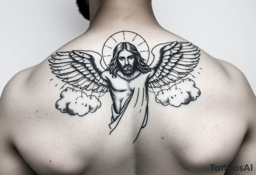 magestic christ with clouds wings black and white tattoo idea