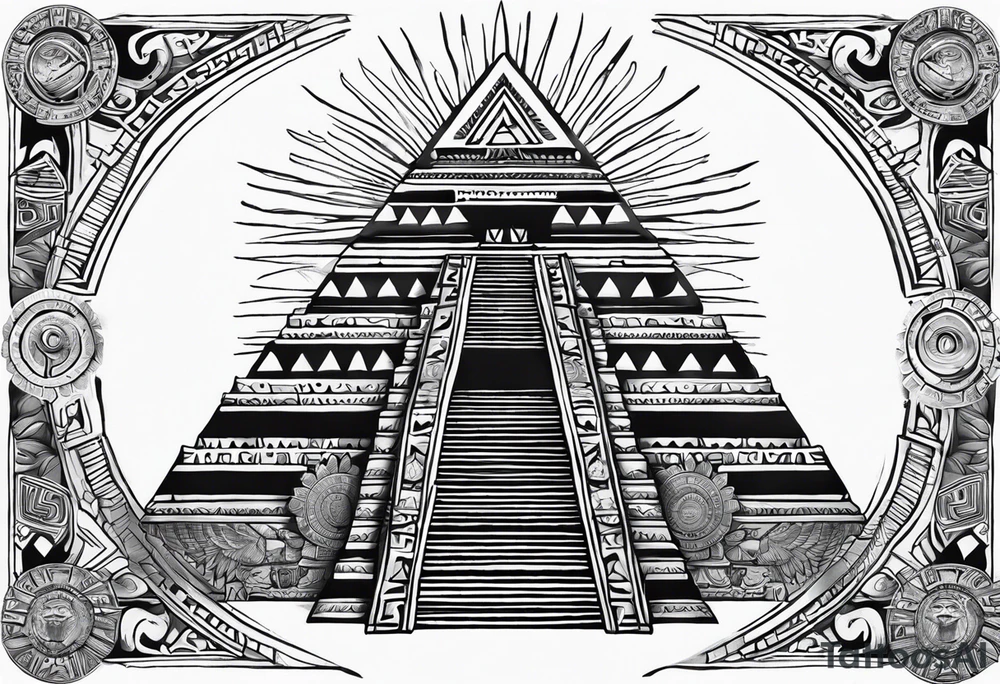 aztec sun background with pyramid in front with two aztec warrios on the left and right side of pyramid tattoo idea