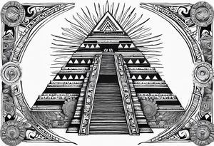 aztec sun background with pyramid in front with two aztec warrios on the left and right side of pyramid tattoo idea