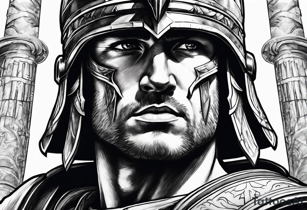 close of of spartan solider looking at distant pillars tattoo idea