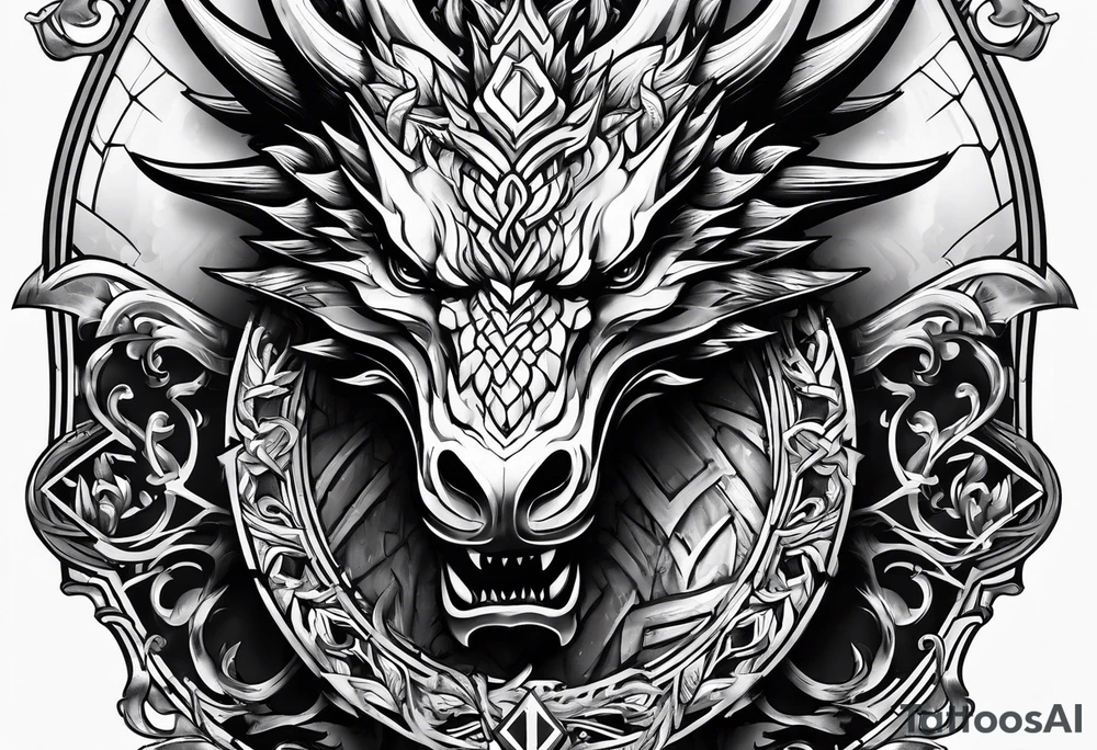 Valhalla sword shield dragon head axe tattoo idea