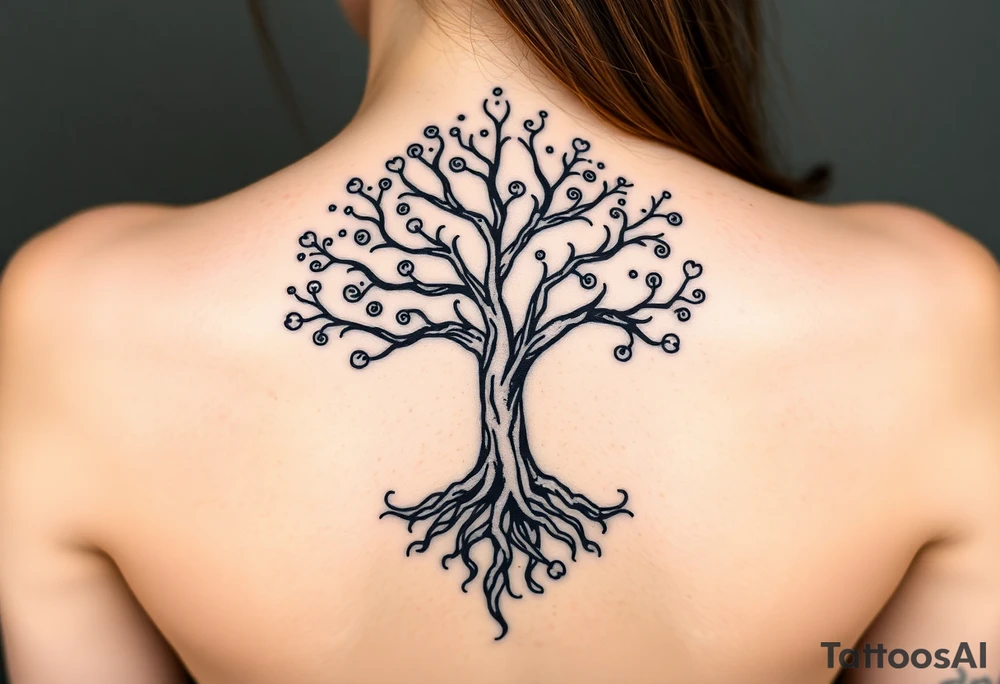 mystical tree of life with cosmic roots and celestial branches tattoo idea