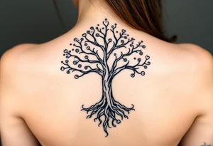 mystical tree of life with cosmic roots and celestial branches tattoo idea